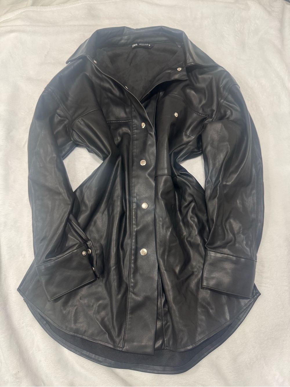 ZARA Black Faux Leather Button-Front Shirt Jacket